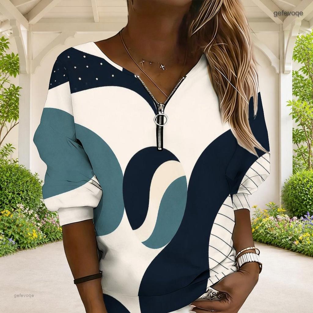Women Plus Size V Neck Front Zip Sweatshirt Long Sleeve Ribbed Cuffs Geometric Printed Blue White