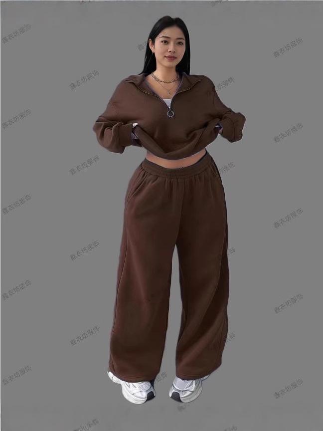 2025 Women's Casual Half-Zip Hoodie and Long Pants Set - European & American Autumn/Winter Style.