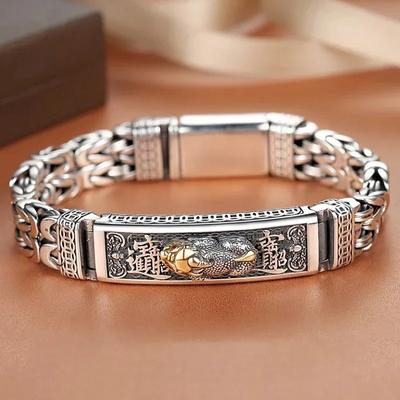YangFx Silver Color  Men Bracelet Double Chain Peace Tattoo Personality Popular Chinese Style Retro Creative Lucky Coin Jewelry