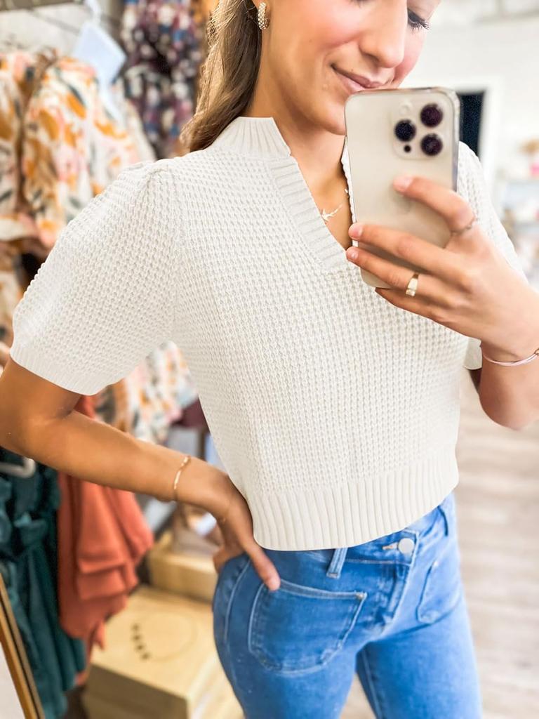 Womens Waffle Knit Sweater Top V Neck Puff Short Sleeve Cropped Spring Summer Blouse