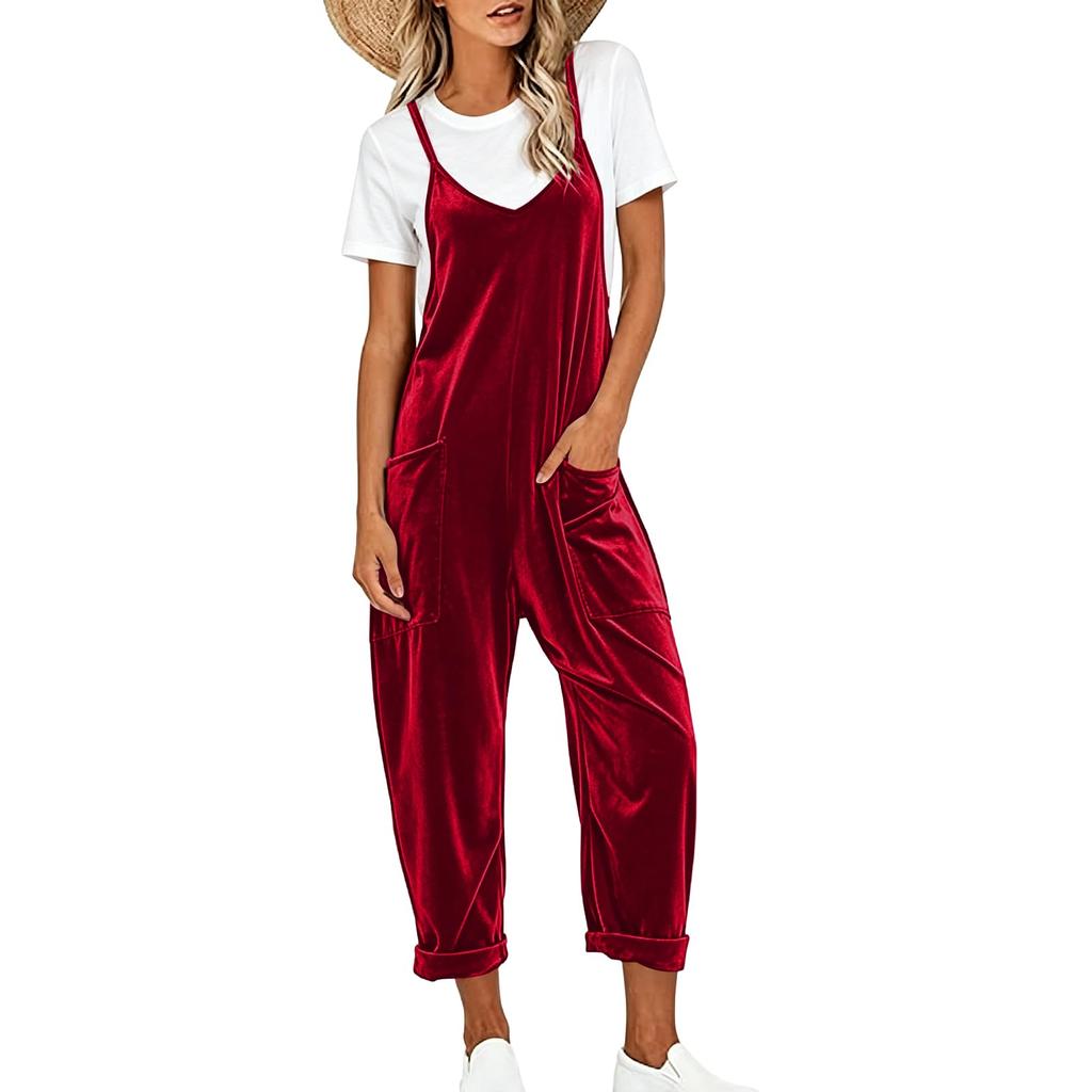 Women's V-Neck Sleeveless Color Jumpsuit with Large Pockets Loose Fit Casual