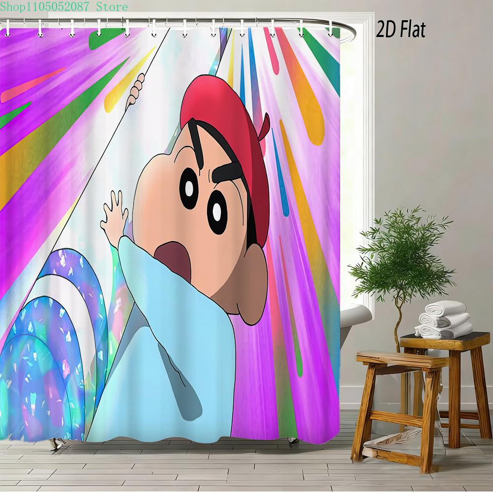 Crayon Shin-Chan & Friends Adventure 2D Print Waterproof Shower Curtain, Anime Bathroom Decor With Hooks