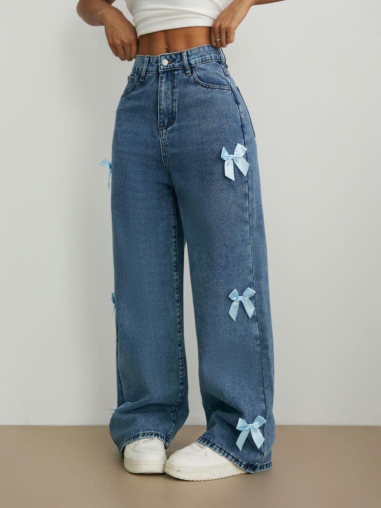 Women's Trendy Bow Straight-Leg Wide-Leg Jeans