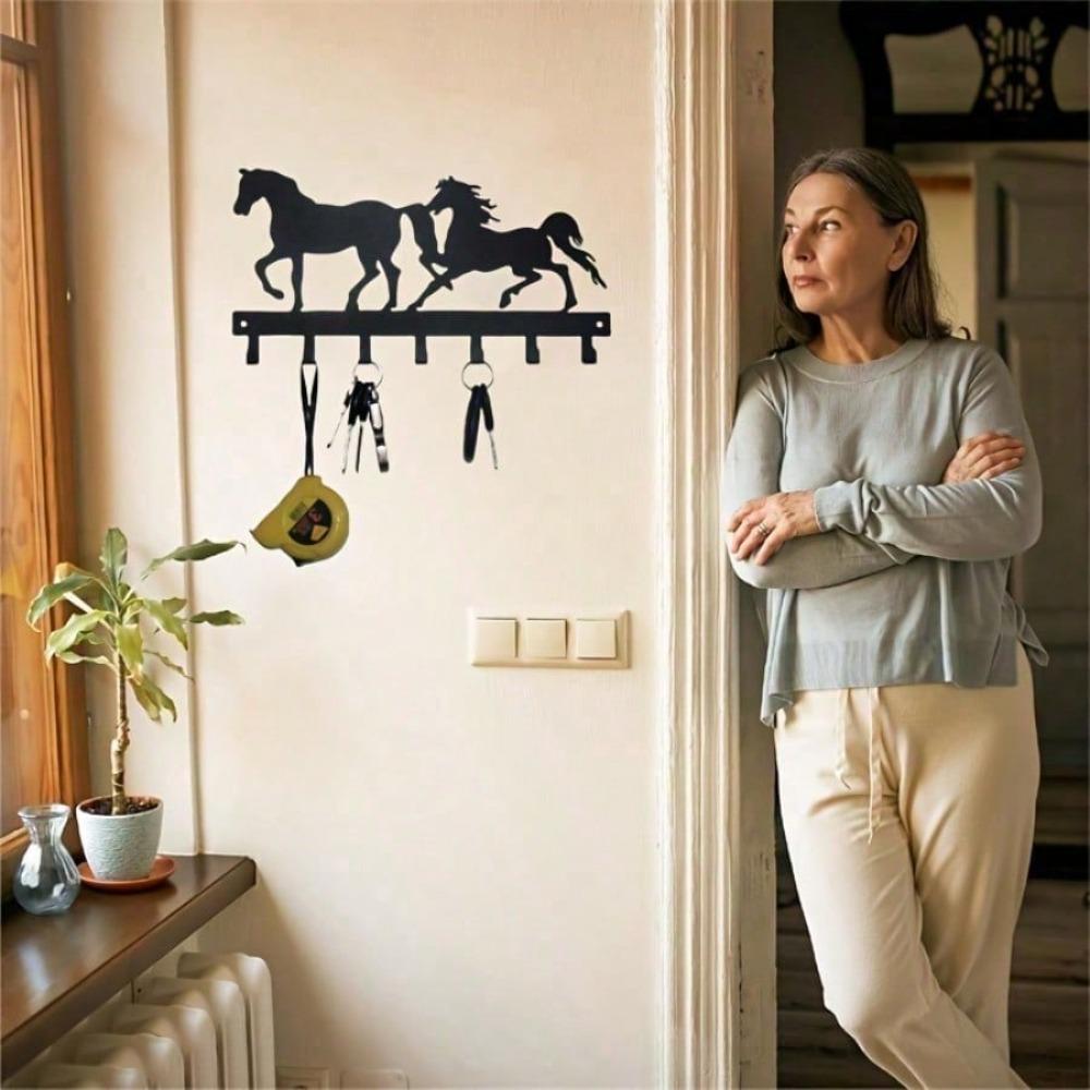 2 Horses Iron Wall Hooks Black Metal Key Holder Rustproof Home Decor