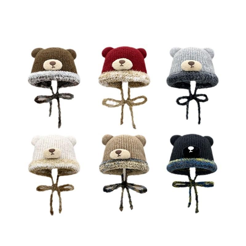 Bear Knitted Hat for Women, Winter Korean Style Versatile Thickened Woolen Hat, Ear Protection for Riding, Cold-Proof Lei Feng Hat