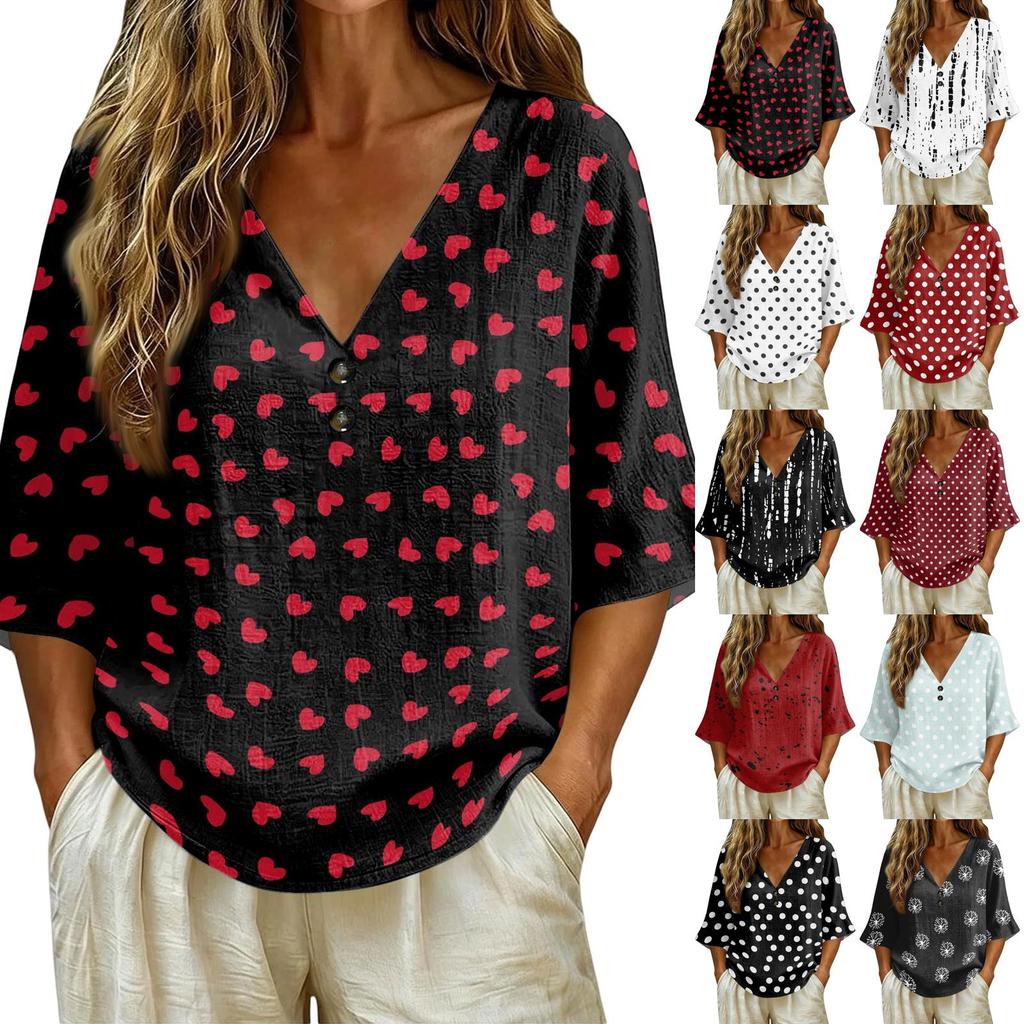 Women's Vintage Floral Print V-Neck T-Shirt - Loose Fit Short Sleeve Blouse, Faux Cotton-Linen Fabric