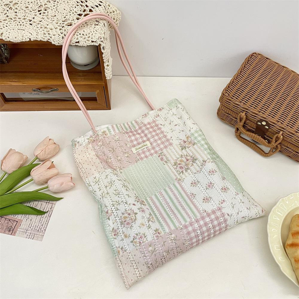 Lazy print sweet plaid shoulder shopping bag leisure commuter canvas bag tote bag