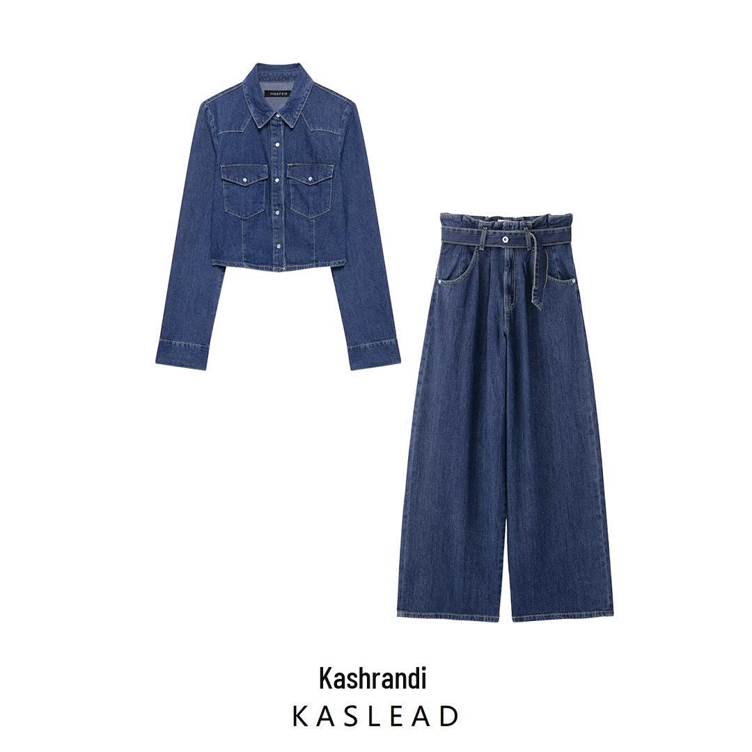 

2025 Spring Women s Fashion: European & American Style Denim Shirt with Long Pants Medium