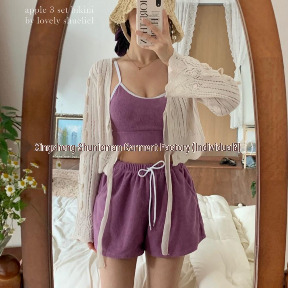 Korean-Style Women's High-Waist Bikini Three-Piece Set - Conservative and Chic Swimwear for Small Chest