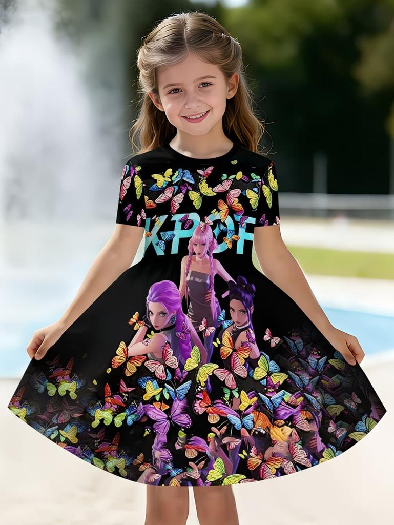 Kpop Cartoon Grafikkleid für Mädchen Lustiges Geschenk für Fans Harajuku Mädchen Kleidung Sommer Oberteile Kurzarmkleid Kinderkleidung