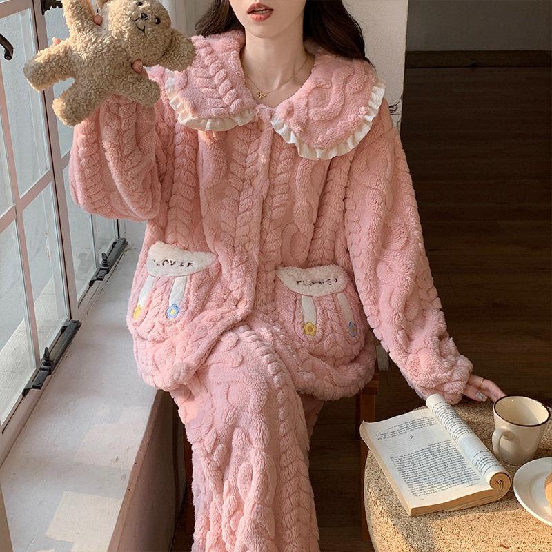 

Пижама из кораллового флиса Осенне-зимняя Утолщенный флис Большой размер Весенне-осенний Фланелевый комплект для дома XXL