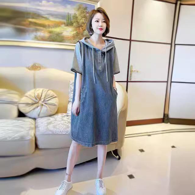 2025 Summer New Medium and Long Straight Skirt Loose and Thin Splicing Hooded Large Size Sweater Denim Dress Women