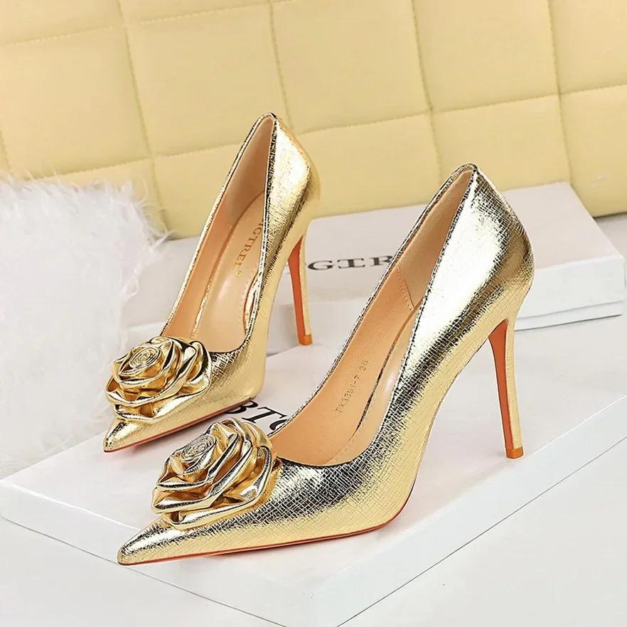 BIGTREE Heels Women Patent Leather Flowers Women Pumps Sexy Pointed Toe Thin Low Heels Wedding Elegant Party Shoes Zapatos Mujer