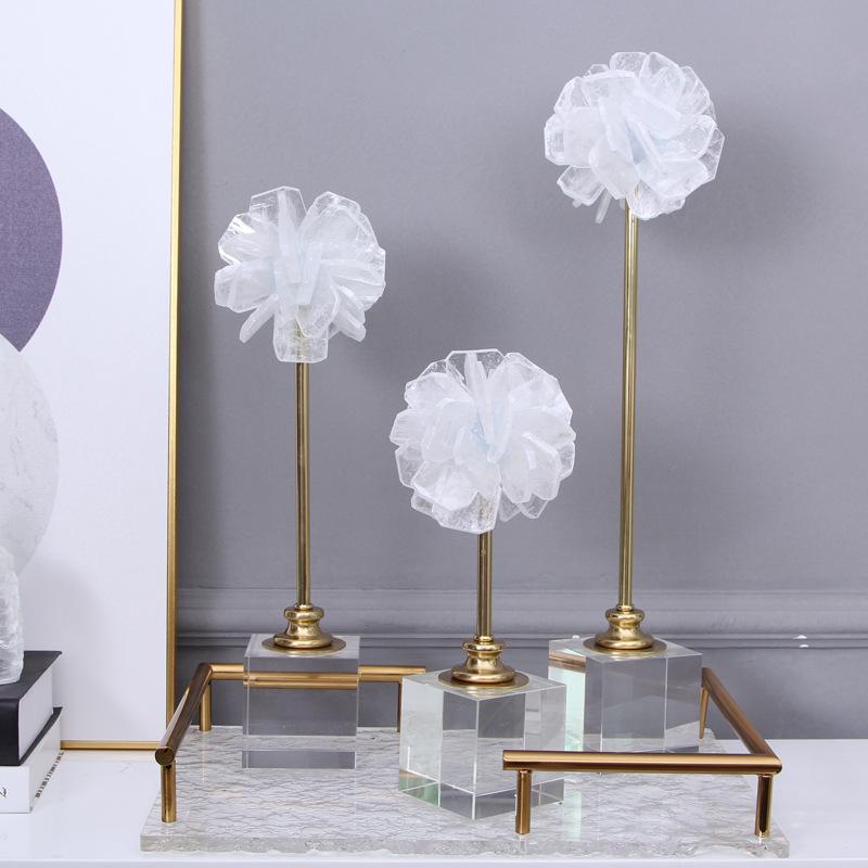 Natural Crystal Stone Crystal Flower Glass Craft Hyalinite Hand Sculpture Metal Decorative Figurines Home Decoration Accessories