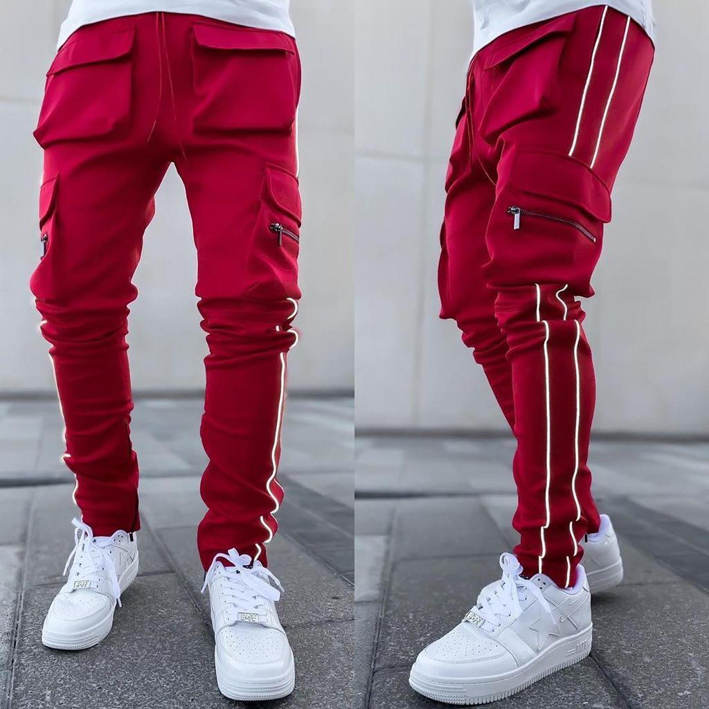 Pánské reflexní elastické cargo kalhoty slim fit: Trendy sportovní a volnočasové oblečení na jaro a podzim