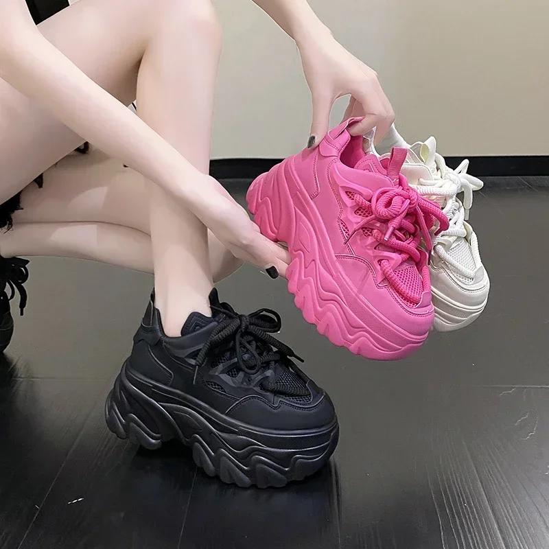 Fashion 8.5cm Women Platform Sneakers Lace-up Autumn Sports Dad Shoes High Top Chunky Casual Shoes Woman Thick Bottom Mesh White Shoes