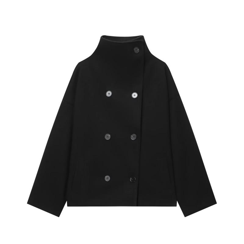 Womens Oversized Wool-Blend Double-Breasted Turtleneck Coat Streetwear Outerwear