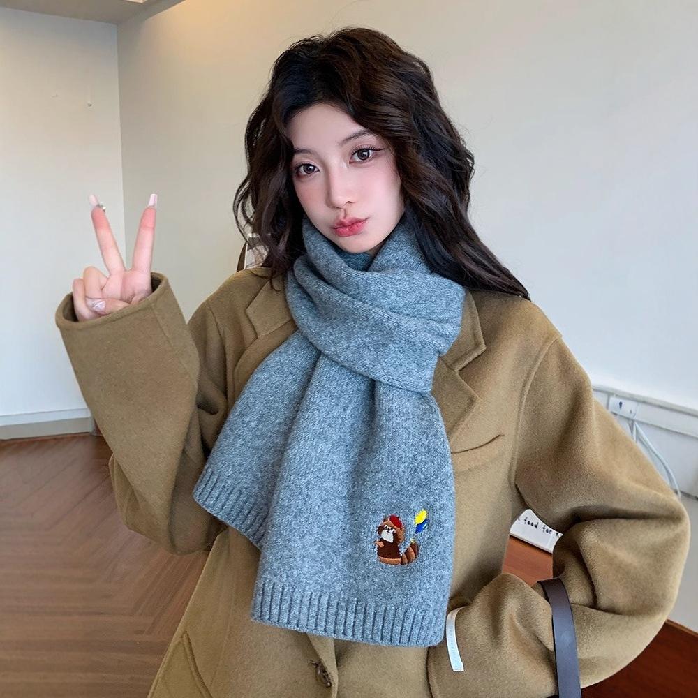 Cartoon embroidered knitted scarf women's autumn and winter new Korean solid color atmosphere cold and warm scarf
