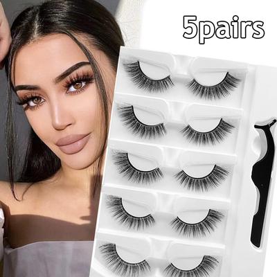 5 pares/set cílios postiços autoadesivos com pinça sem cola cílios encaracolados naturais maquiagem dos olhos