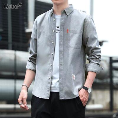 Neues Frühling- und Herbst-Minimalistisches Drapé und Bügelfreies Business-Casual Revers Slim Fit Einfarbig Langärmeliges Herrenhemd
