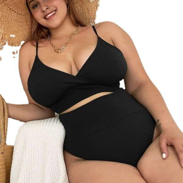 2026 Plus Size European & American High Waist Neck Tie Bikini Swimsuit for Women