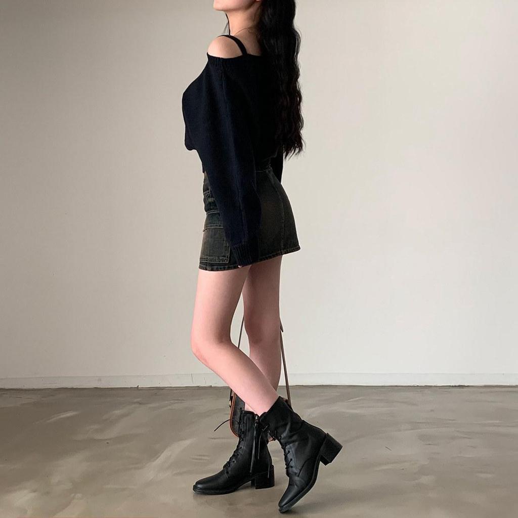 Korejský retro pletený svetr s dlouhým rukávem a odhalenými rameny pro ženy