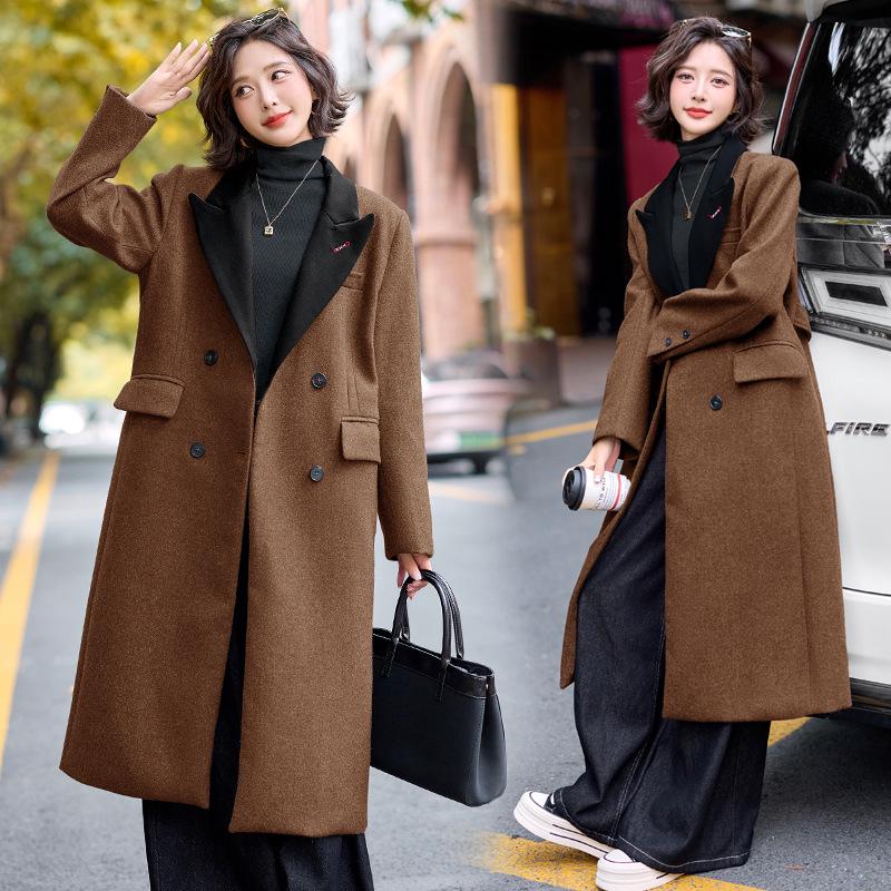 

Женское шерстяное пальто выше колена с пиджачным воротником - Мода Осень/Зима YJ6813 L for 115-130 lbs кофейный