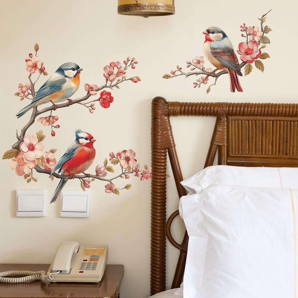Malované větve a listy broskvoní, ptáci, ložnice, obývací pokoj, domácí dekorace, samolepky na zeď