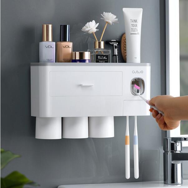 Bathroom Accessories Organizer Set Toothbrush Holder Automatic Toothpaste Dispenser Holder Toothbrush Wall Mount Rack Tools Set with Cup