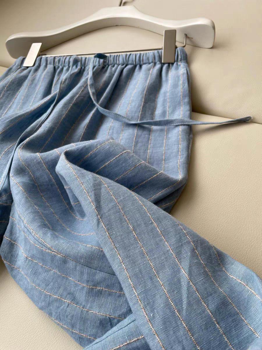 

Women s High-Waisted Blue Stripe Linen Wide-Leg Pants - Slimming & Comfortable Summer Trousers XL синий