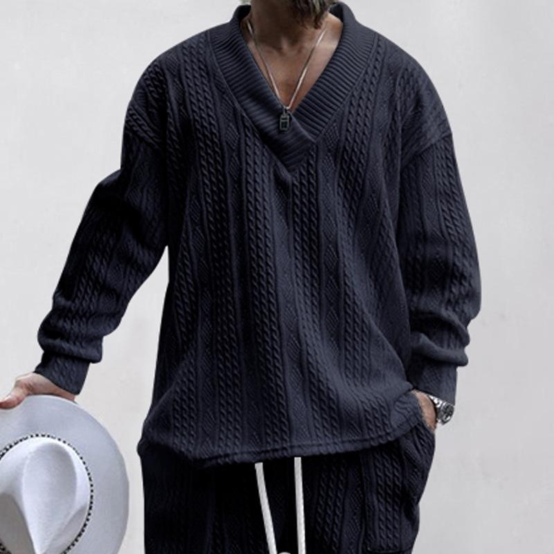 Autumn Cross-border Casual Jacquard Knitted Sweater Men's Autumn Loose Long-sleeved T-shirt Men's V-neck Pullover Jacquard Top