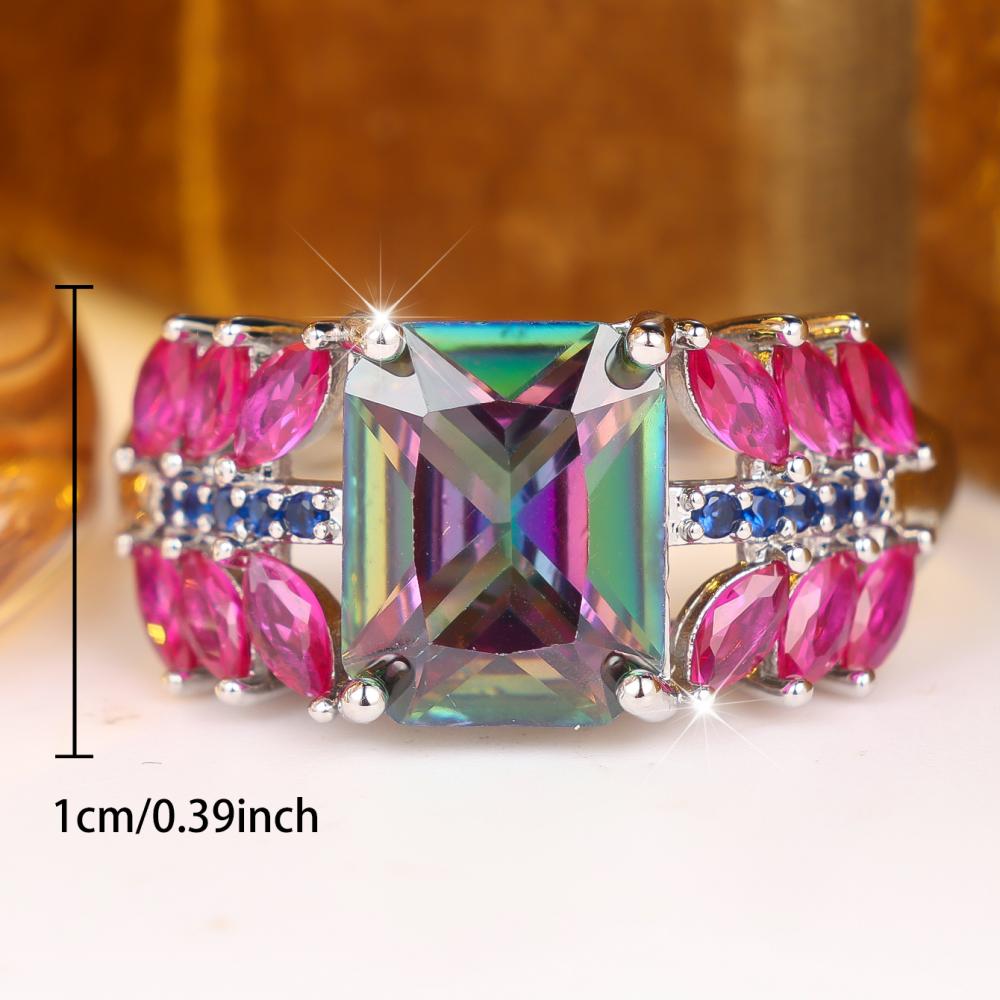 Luxury Silver Color Rainbow Ring for Women Emerald Cut Zircon Wedding Banquet Fashion Jewelry Gift