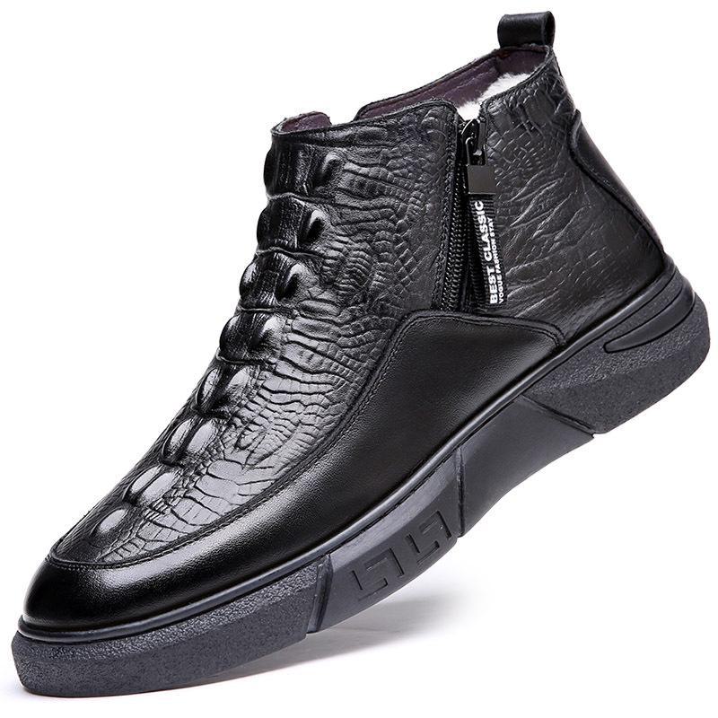 Men's Winter Crocodile-Pattern Cowhide Leather Cotton Shoes with Wool Lining