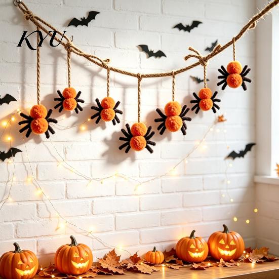 Indoor Halloween Party Supplies 78 Inch Hanging Spider Banner, Mini Black Orange Plush Wall Ornament for Home Pom Garland Party, Fireplace,