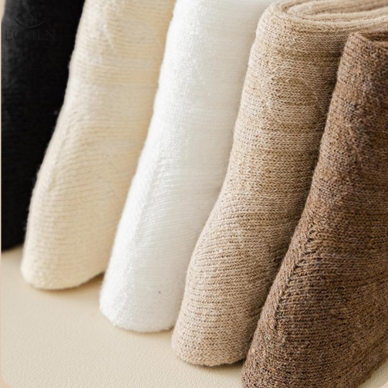 Women's Mid-tube Socks Autumn and Winter Thick Warm Terry Socks Retro Hemp Pattern Solid Color Women's Socks