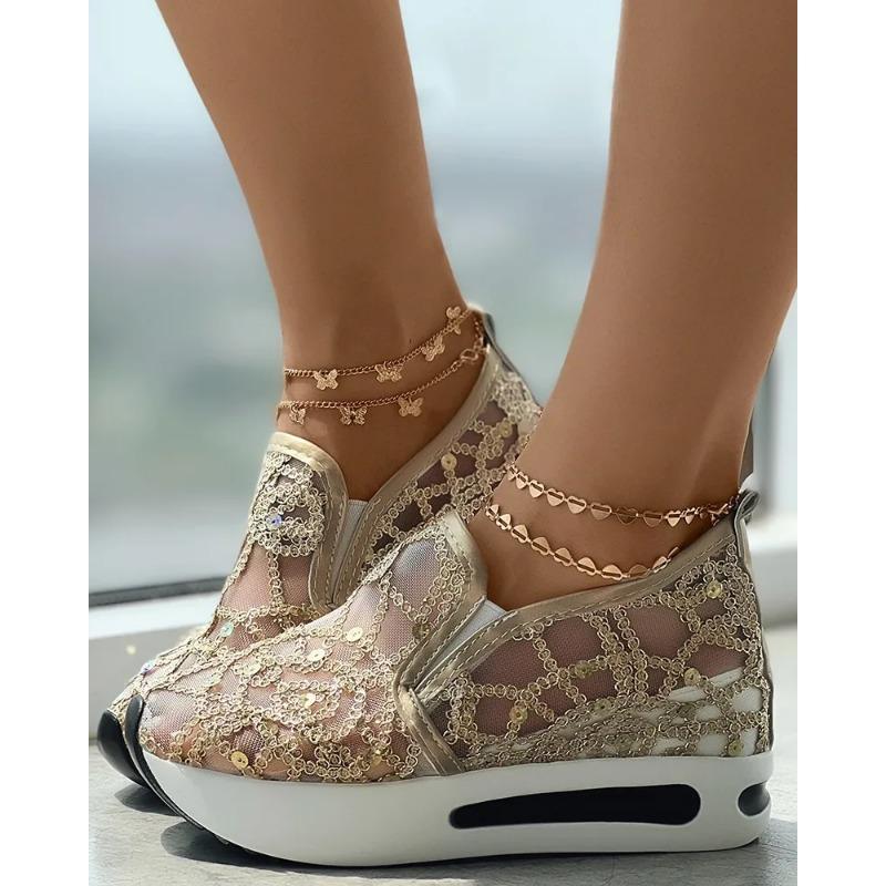 Fashion women's Muffin Sneakers Sequin Slip On Casual Shoes Round Toe Bling Bling Contrast Paneled Low Heel Sequin Slip On Sneakers