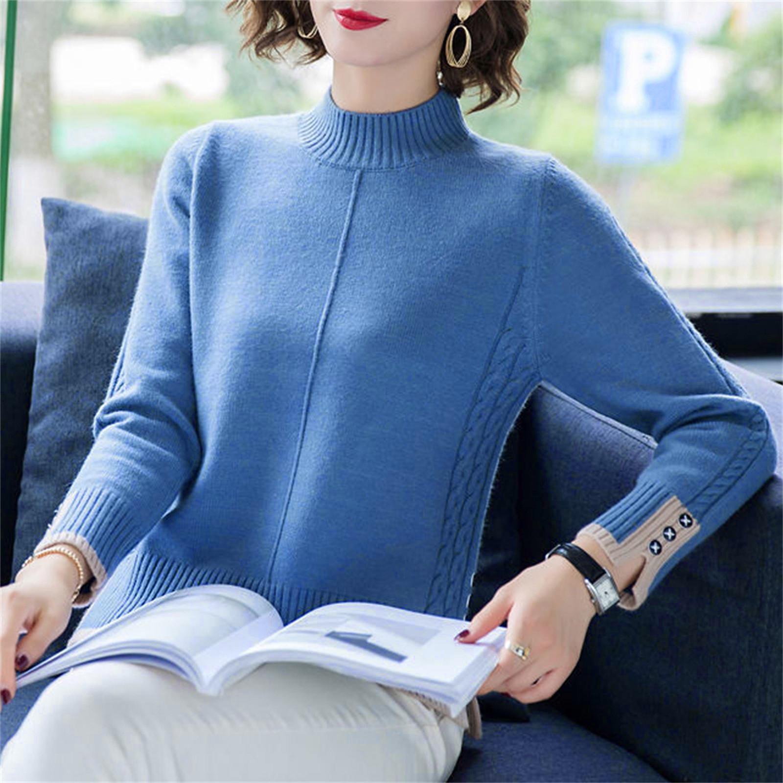 

Модная женская трикотажная нижняя рубашка, однотонный длинный рукав, круглый вырез, свитер, пуловер, топ One Size синий