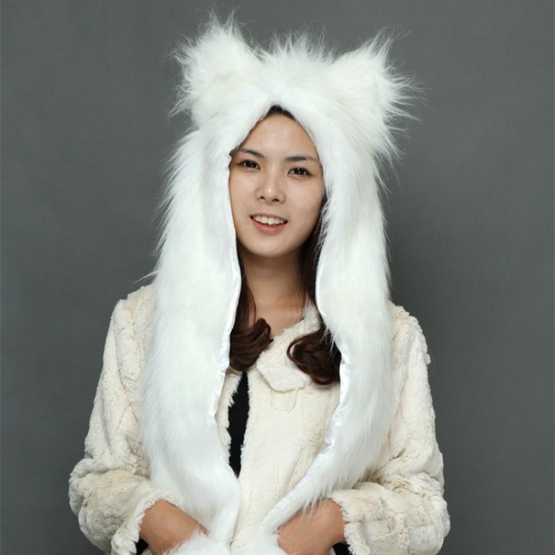 Faux Fur Fox Hat With Ears Scarf Gloves Combo Cute Cartoon Winter Warm Headwear Adults