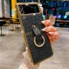 Leather Plating  Ring Phone Case For Samsung Galaxy Z Flip 7 6 Flip 5 Zflip 4 3 Bling Diamond Shockproof Cover Funda