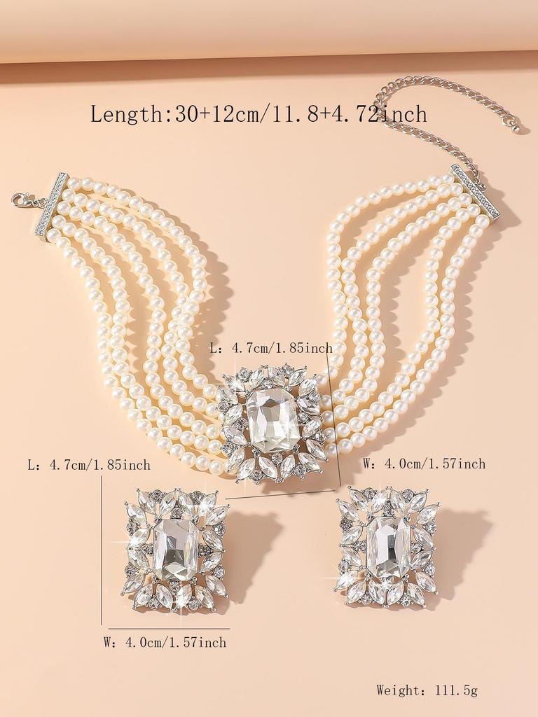 Set di Collana e Orecchini Geometrici in Perle Finte Multistrato e Cristalli Colorati di Lusso Europeo