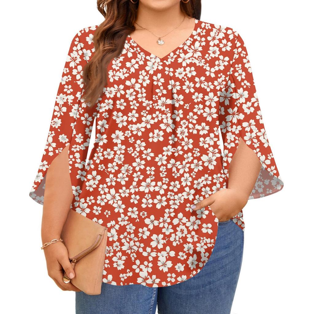 Women's Prined V-neck Plus Size Tops 3/4 Sleeves Elegant Shirt Tops