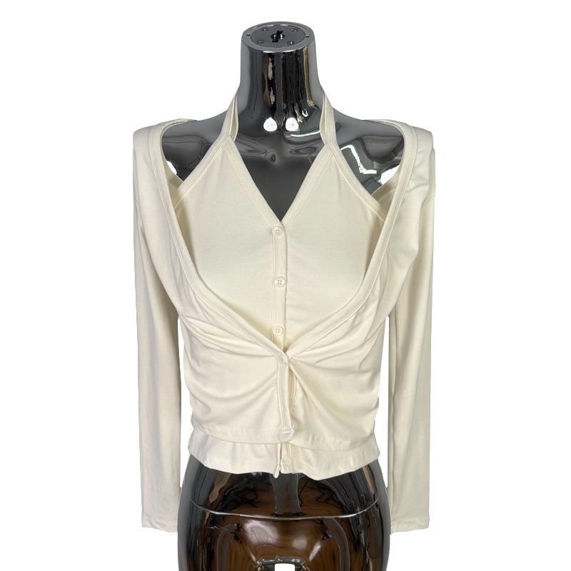 Korean Dongdaemun Elegant Halter Neck Slimming Long Sleeve T-shirt for Women