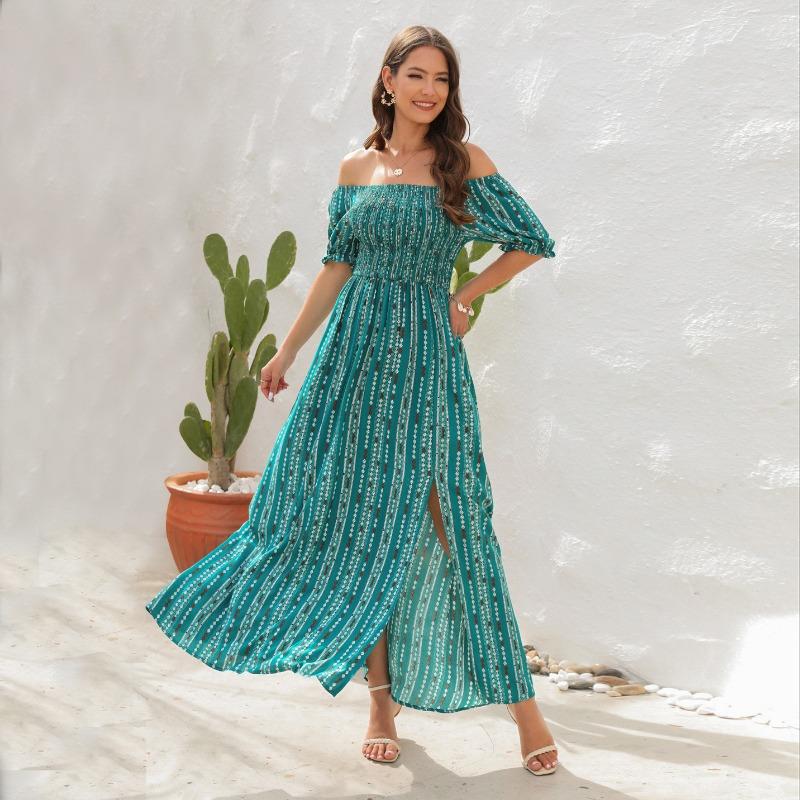 Women's Spring/summer Print Split Waist Dress One-line Shoulder Short-sleeved Holiday Casual Dress