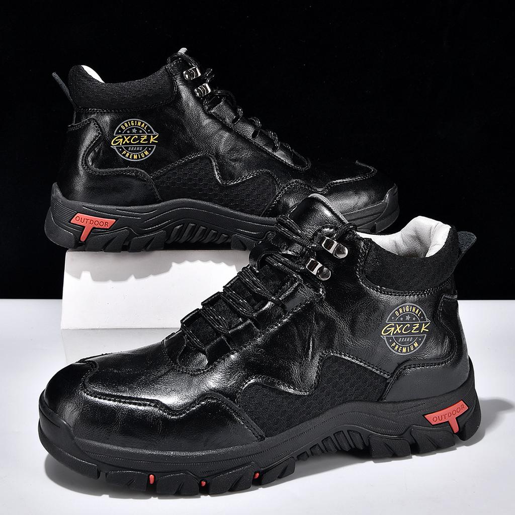 Men's High-Top Round-Toe Fashion Boots Lace-Up Outdoor Hiking Shoes Spring/Fall Thick-Sole Casual Oversized Men's Shoes