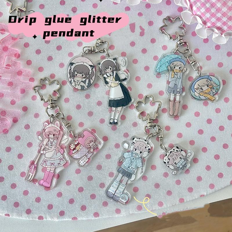 Cartoon Drip Glue Girl Acrylic Keychain Phone Lanyard Kawaii Backpack Pendant Charm Key Hanging Decoration Accessories Gift