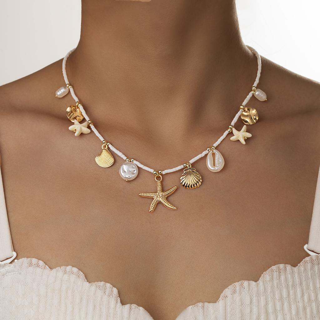 Sweet and Cute Cherry Chili Pendant Necklace Beach Wind Alloy Starfish Shell Tassel Rice Bead Necklace