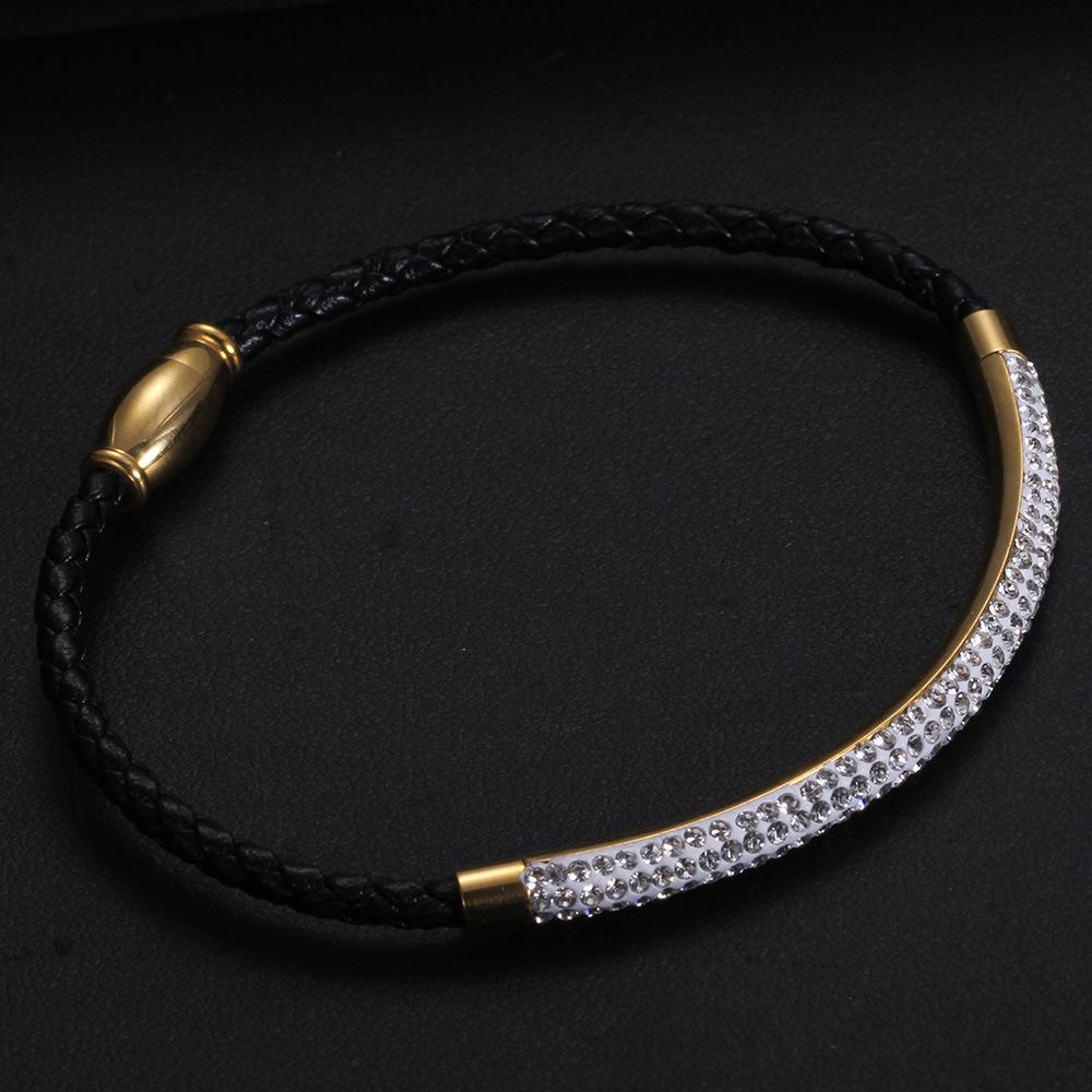 Fashion Titanium Steel Three-Row Zircon Leather Women's Bracelet Woven Magnetic Stripe Open Bracelet Bracelet