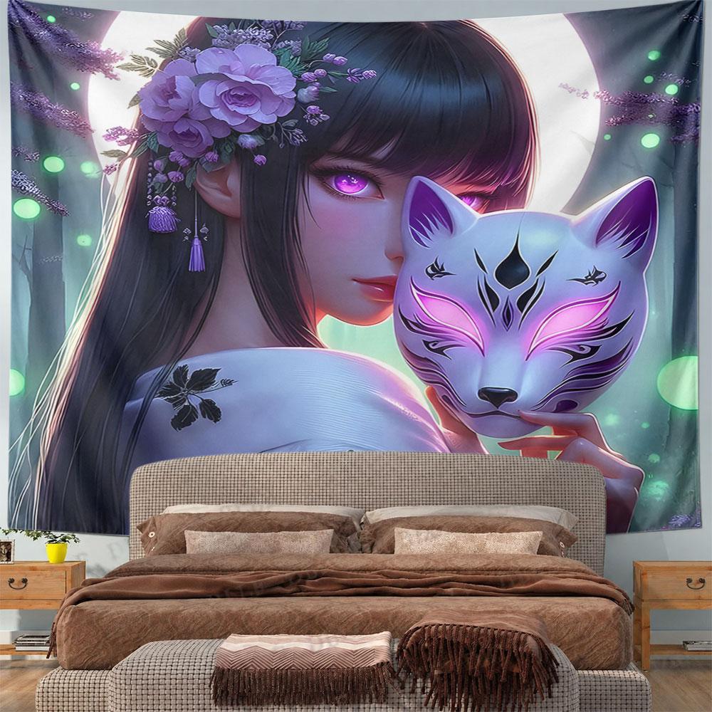 "Elegant Woman with Fox Mask" Pattern Wall Hanging Tapestry Decorative Tapestry Home Decor for Bedroom and Living Room
