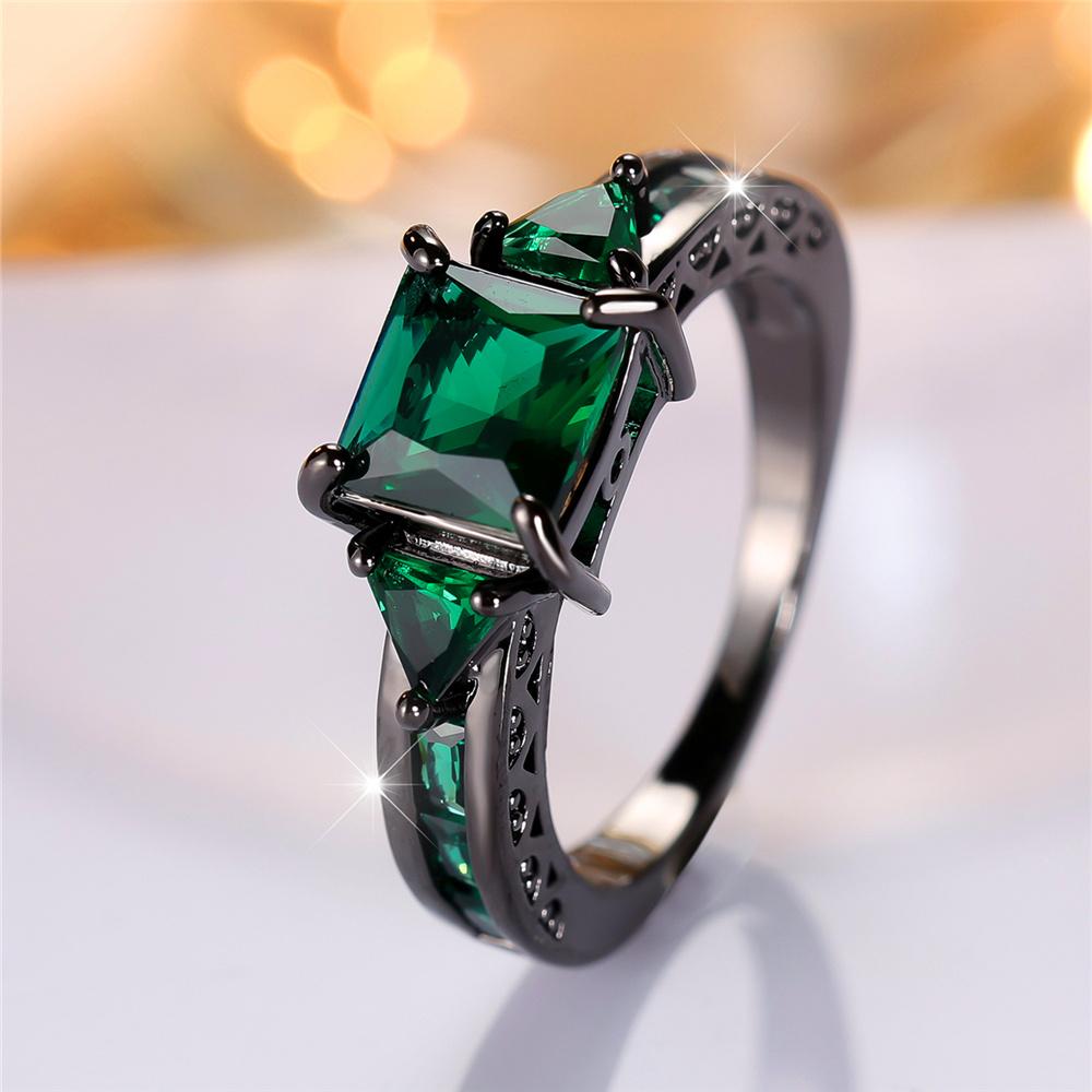 Cute Female Green Square Zircon Stone Ring Vintage Fashion Black Gold Color Wedding Jewelry For Women