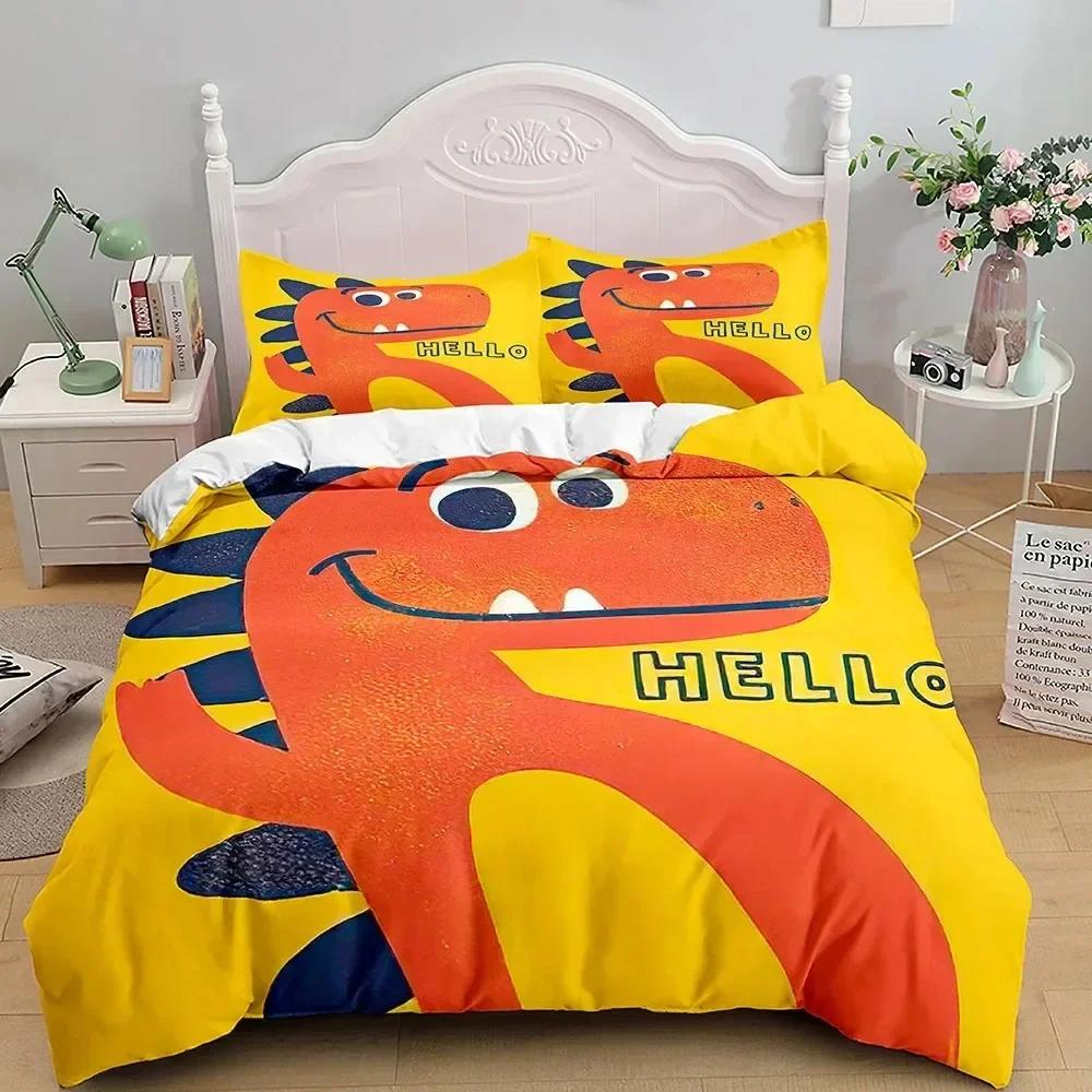 Cartoon Dinosaur Bedding Set Full King Queen Size,Cute Animal World Duvet Cover Orange Yellow Polyester Comforter Quilt Cover